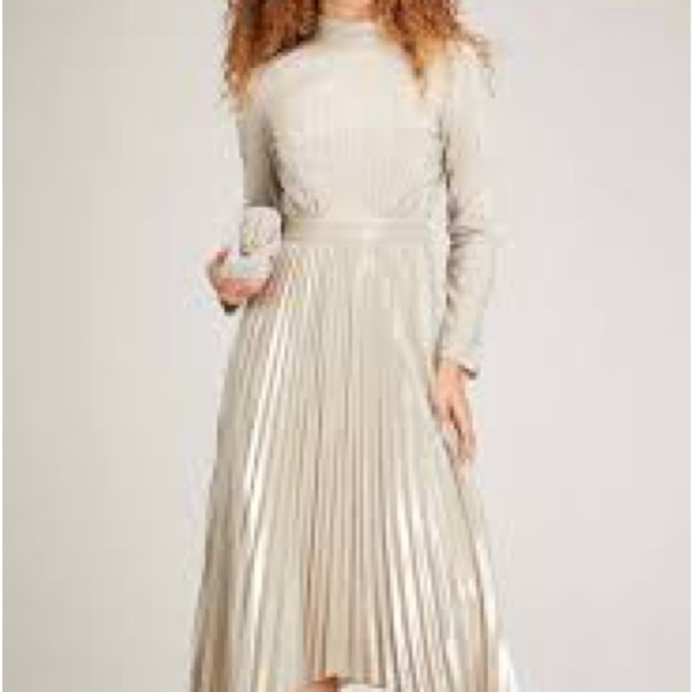 Jonathan Simkhai Metallic Pleated Cream Midi Dress